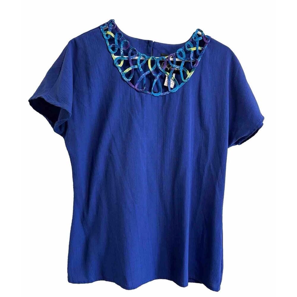 Vintage Retro Blouse Blue Keyhole Top Artsy Teacher Boho Office Mature Size M